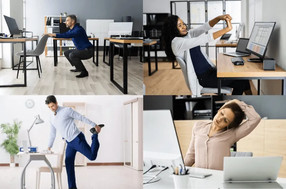 Person stretching at a modern desk workspace